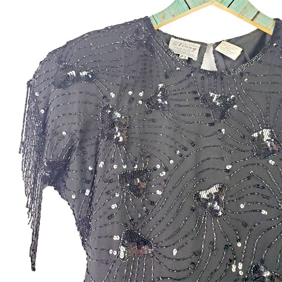 Vtg 80s Stenay Flapper Style Full Beaded Dress Sz 2P - Picture 5 of 10